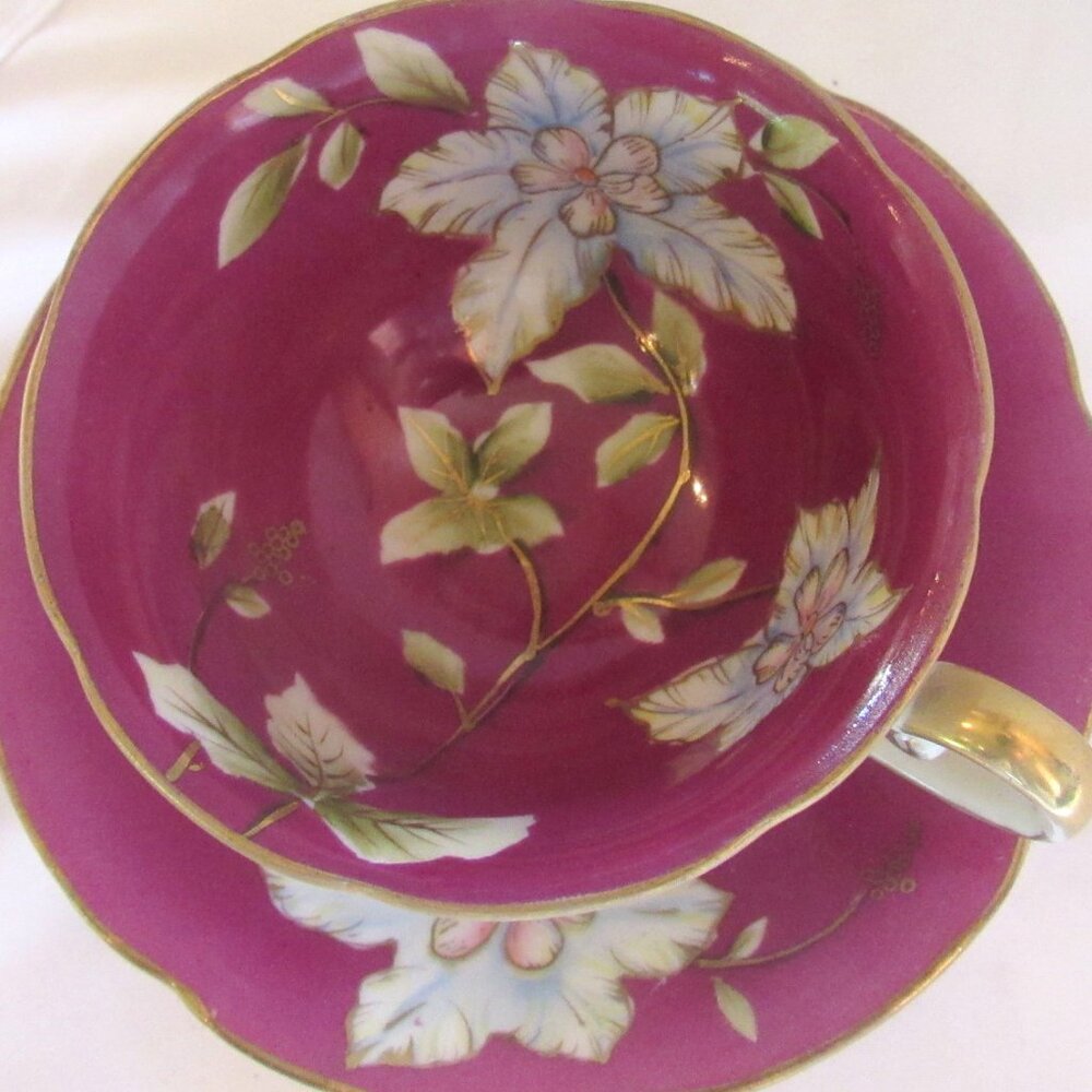 Shofu Occupied Japan Tea Cup and Saucer Hand Painted Blue Floral on Magenta I248